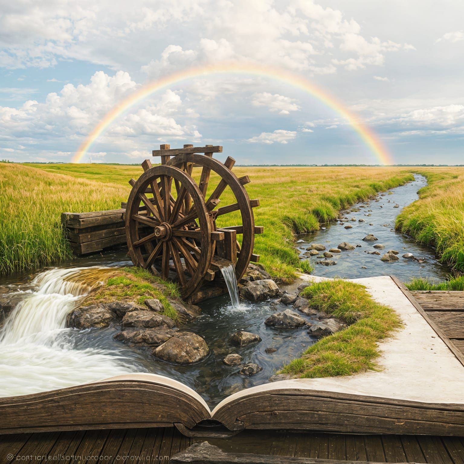 Wooden Water Wheel Amidst a Serene Landscape in Impressionis...