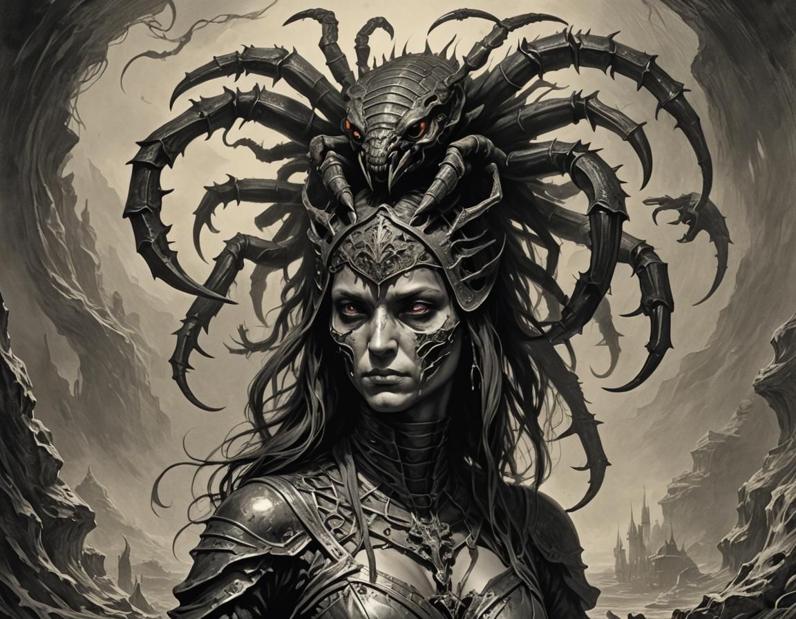 Scorpion Woman Horror Art in Gustave Doré Style