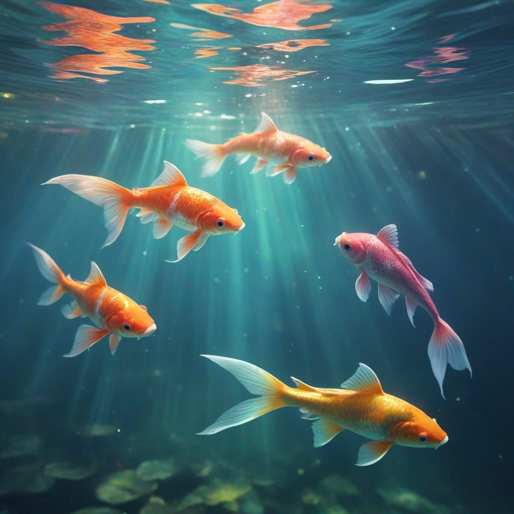 Rainbow Koi Fish Swim in Ethereal Aquatic Scene