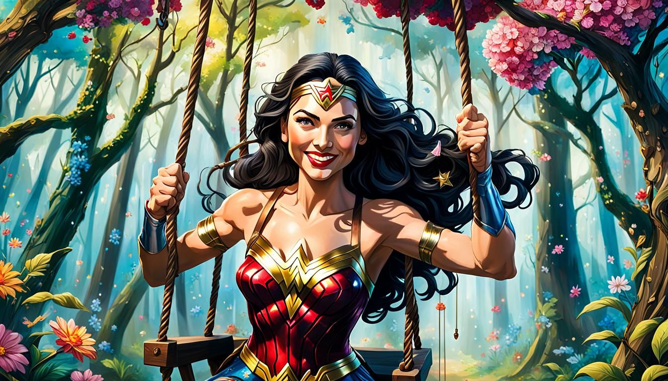 Wonder Woman in Enchanted Forest, Hyperrealistic Splash Art