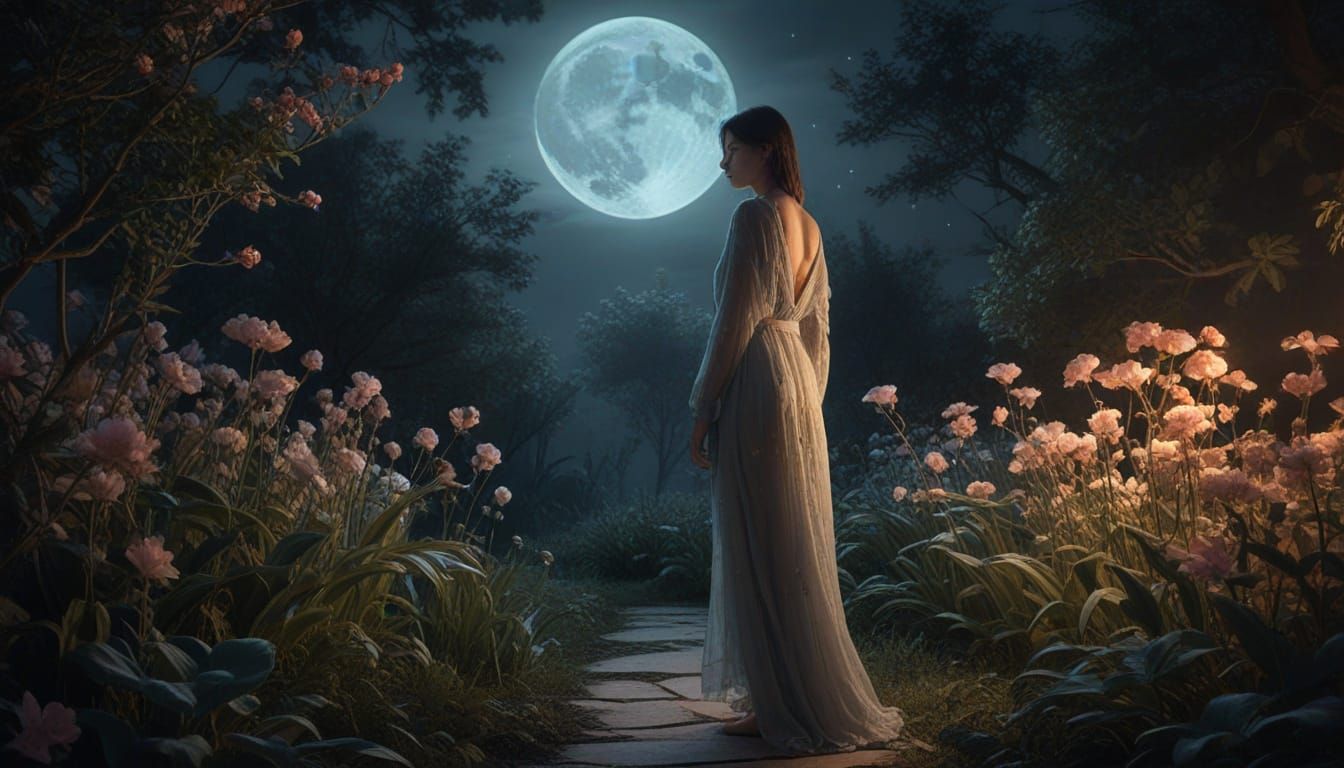 Surrealist Goddess in a Dreamy Moonlit Garden