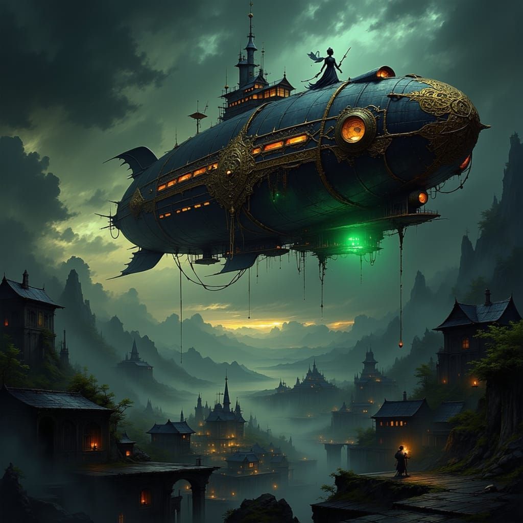Haunted Steampunk Airship in Stormy Twilight