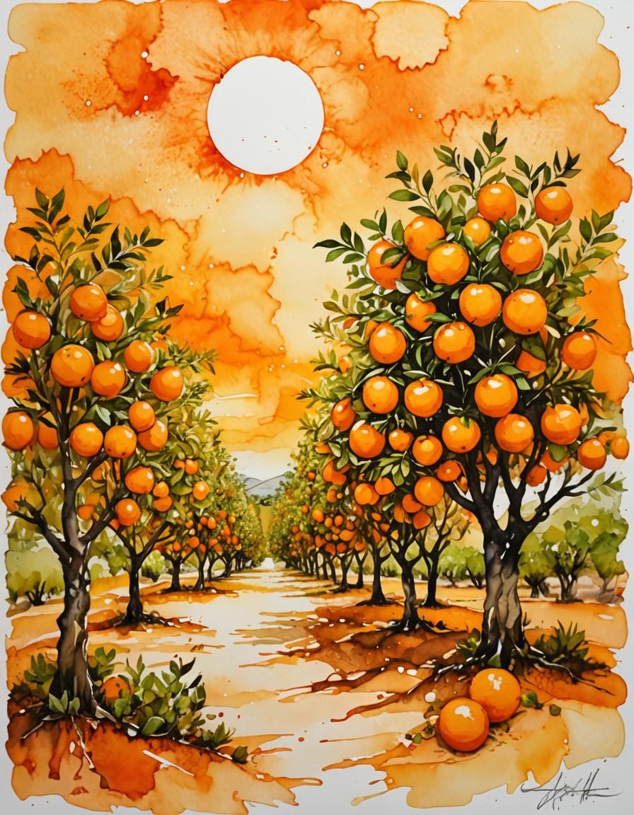 Spanish Orange Grove in Alcohol Ink Style