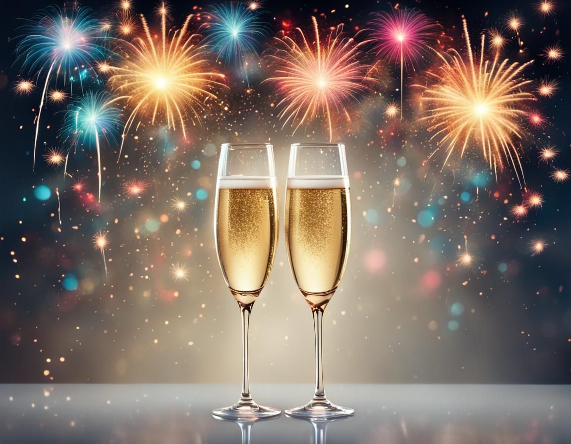 Colorful Fireworks and Champagne Glasses Celebration