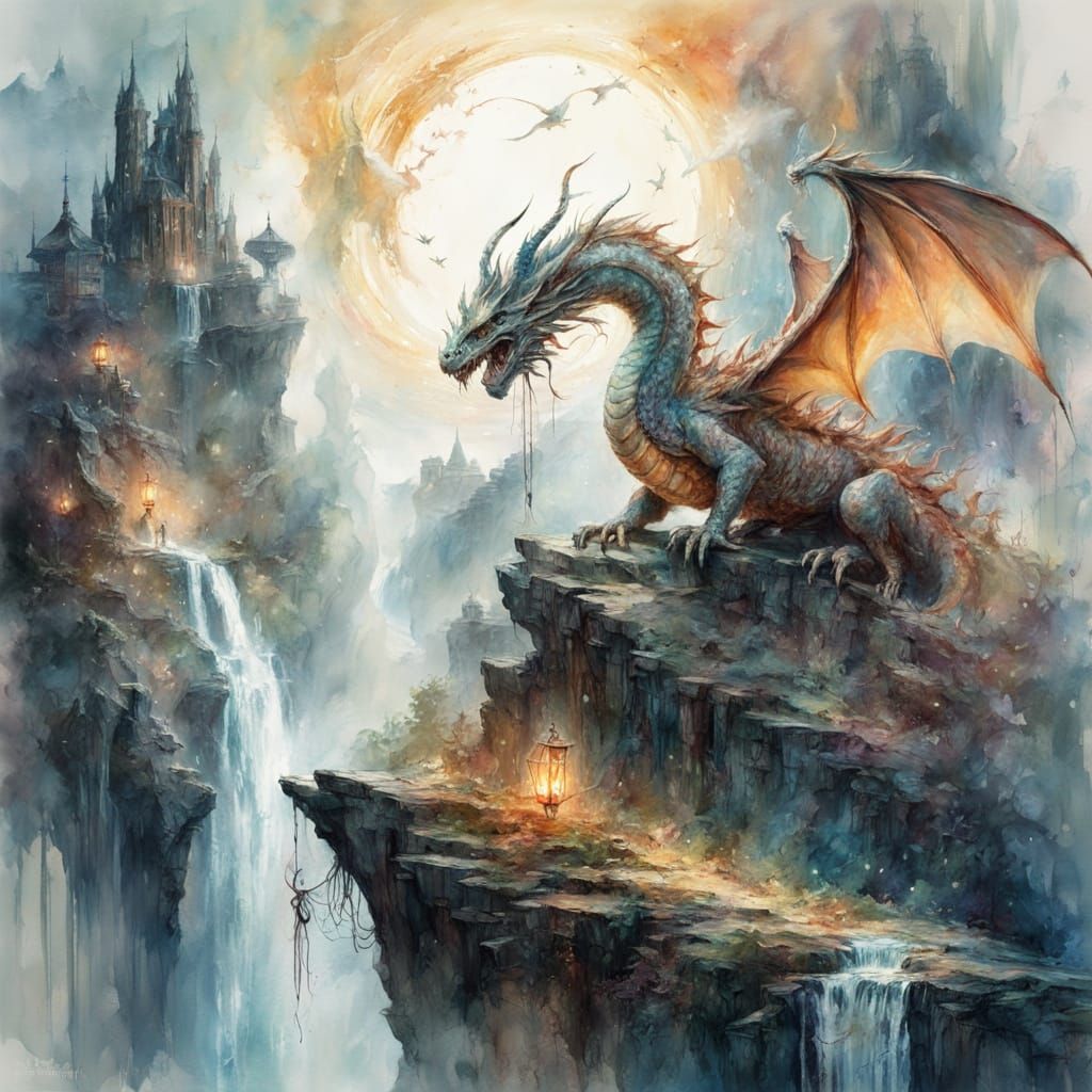 Surreal Dragon Overlooks Misty Waterfalls in Watercolour