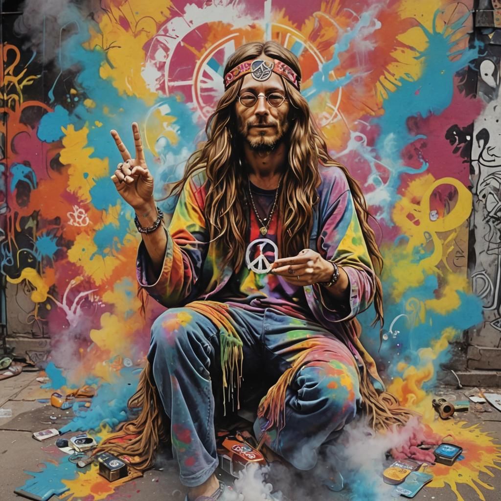 Hippie with Peace Sign in 60s Graffiti Art