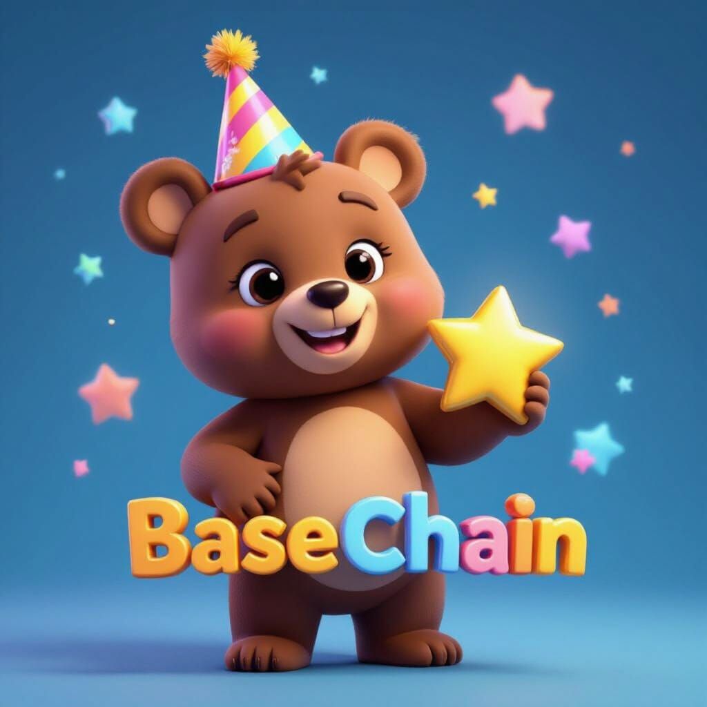 BaseChain Bear Mascot with Golden Star in 3D Animation Style