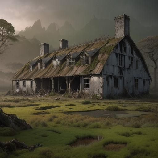 Moss-Covered Farm in Dry Field: Detailed Matte Painting