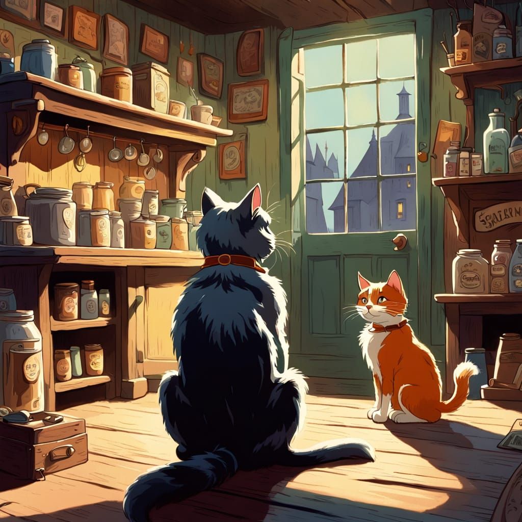 Cat and Dog in Vintage General Store Animation Cel