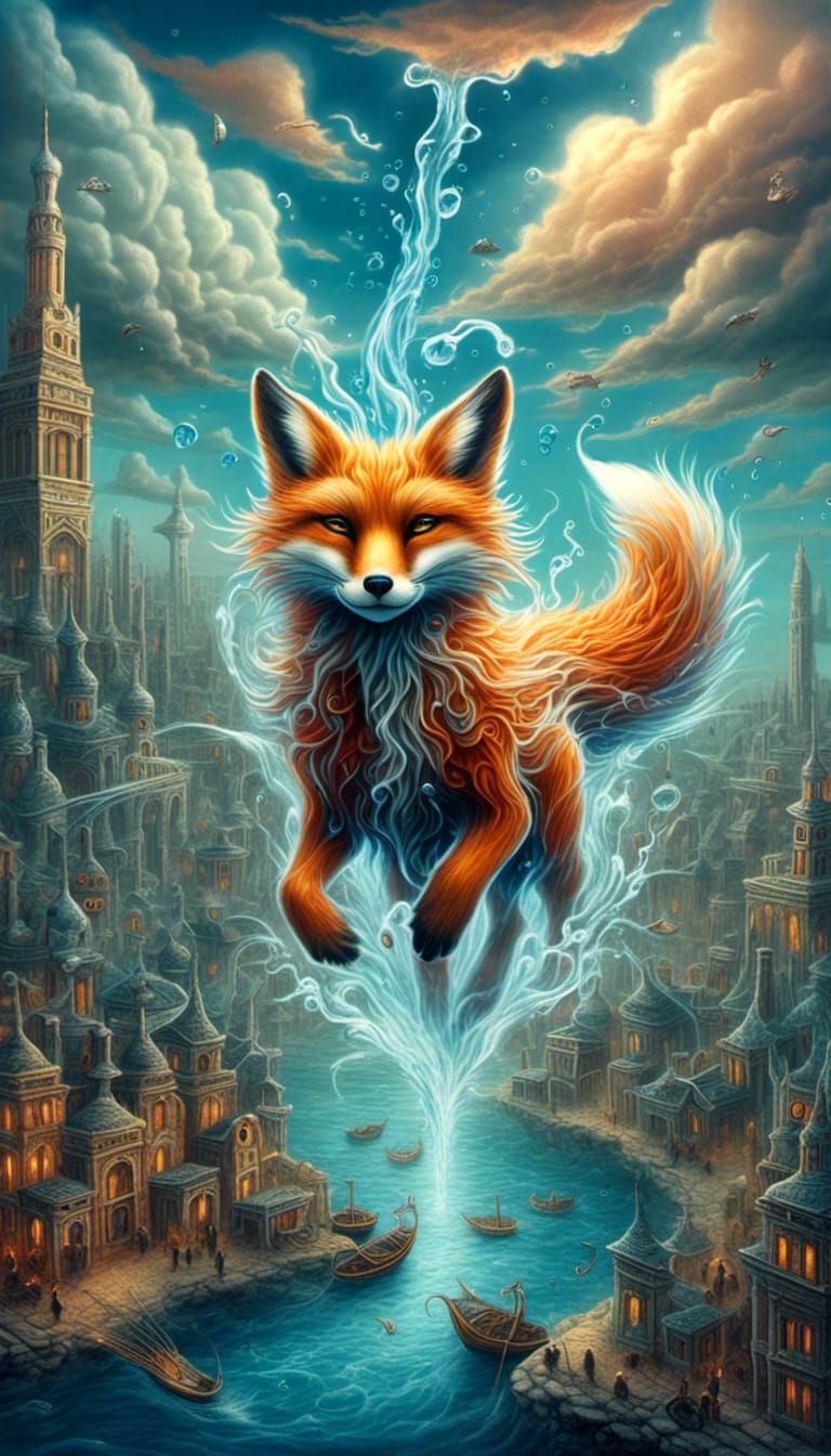 Water Fox Hybrid Flies Over City, Surreal Digital Art