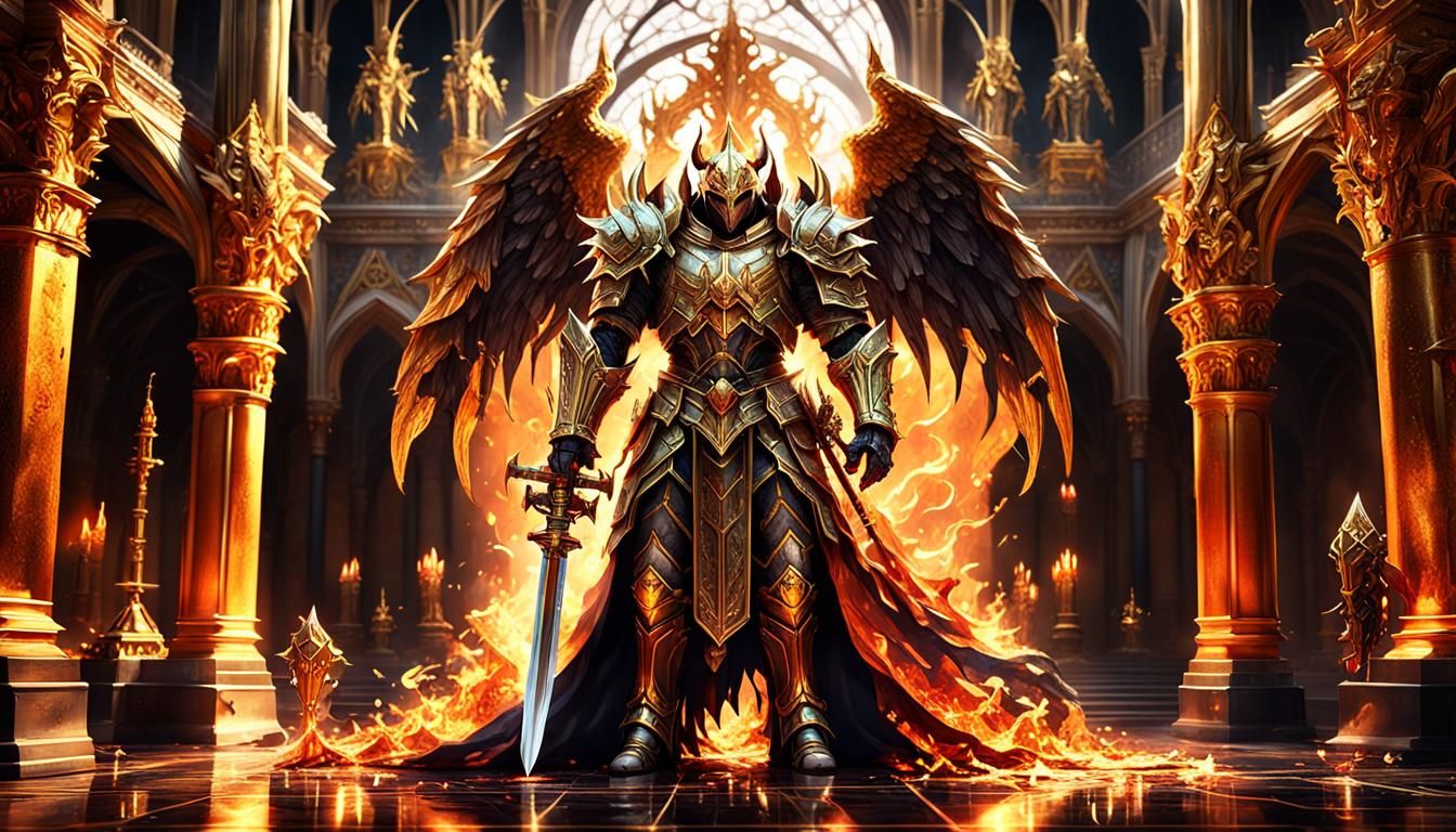 Fallen God Knight in Gothic Hallway