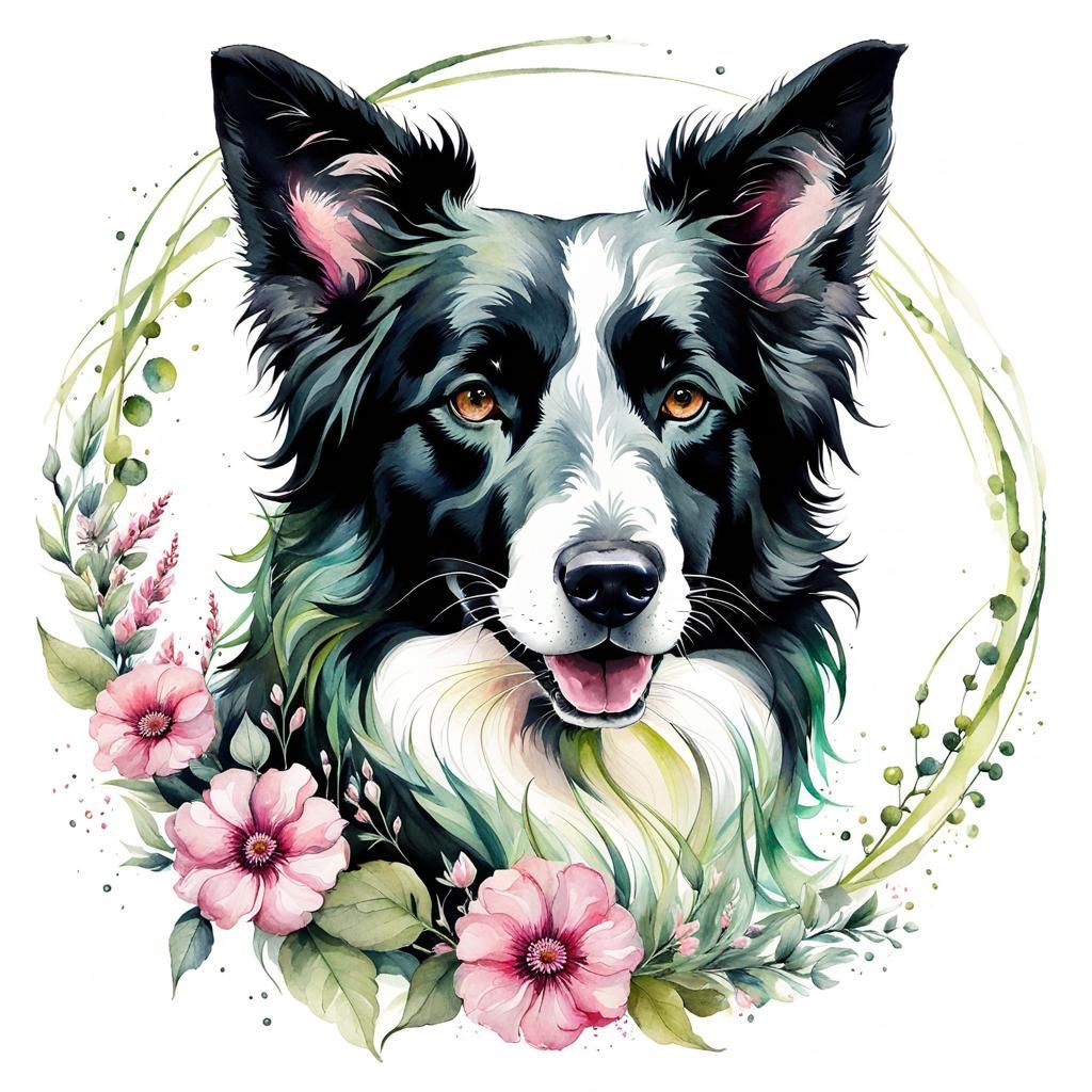 Border Collie Surrounded by Flowers in Watercolor Style