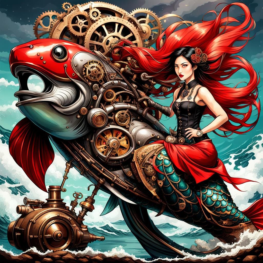 Steampunk Asian Mermaid with Red Tail