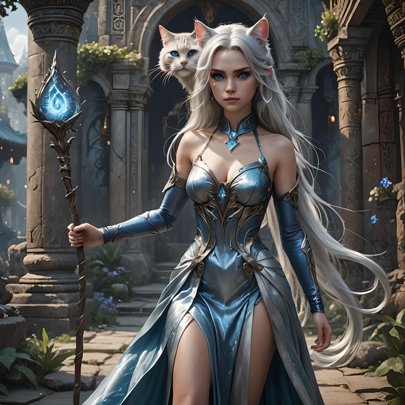Cat Girl with Magical Staff: Fantasy Concept Art
