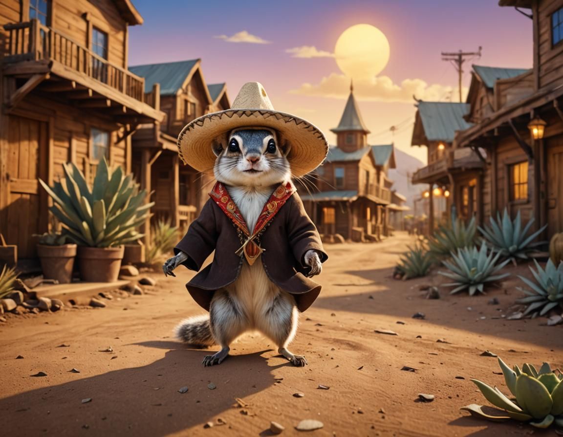 Sombrero Squirrel in Wild West Town: Pixar 3D Art