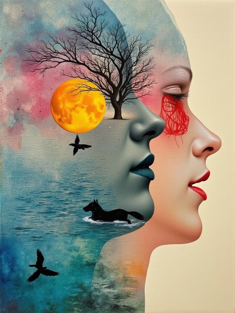 Abstract Woman Face Merged with Nature in Pop Art Style