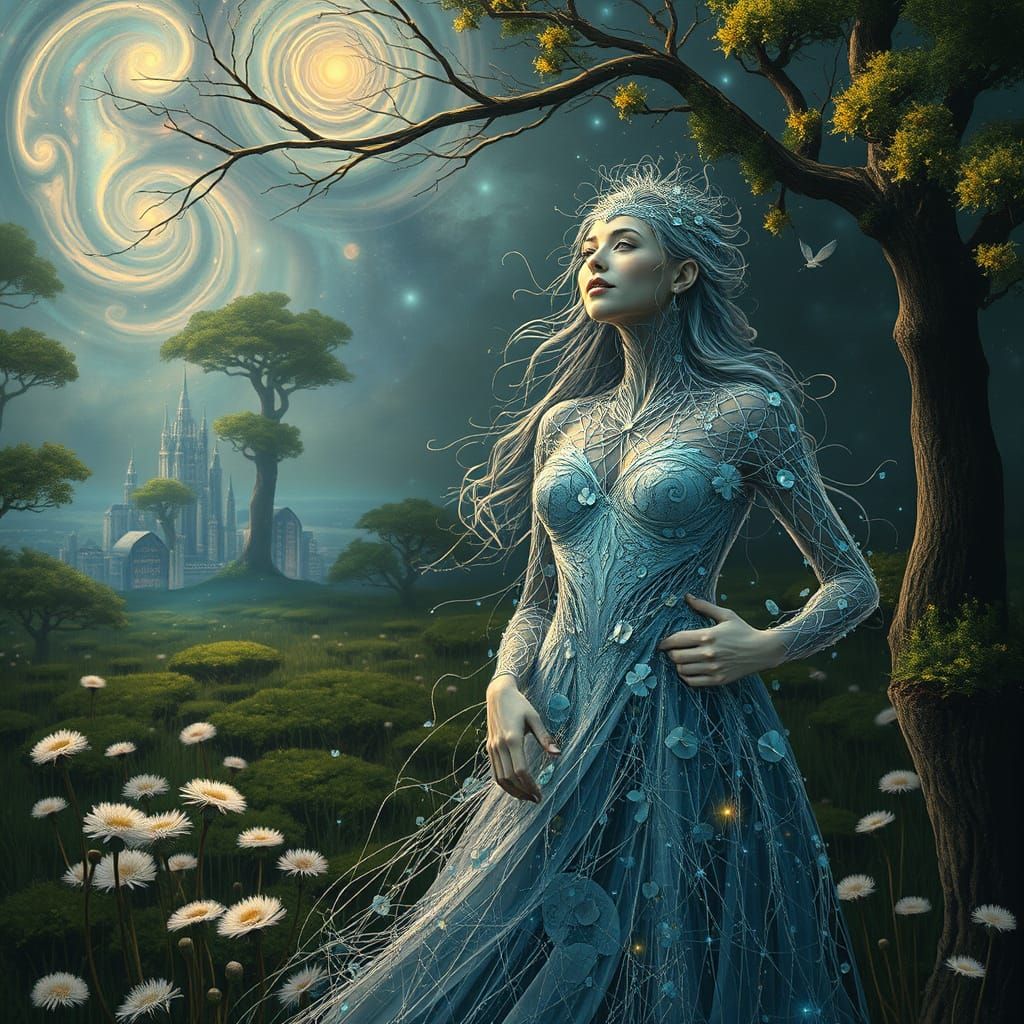 Surreal Filigree Woman in Bioluminescent Forest