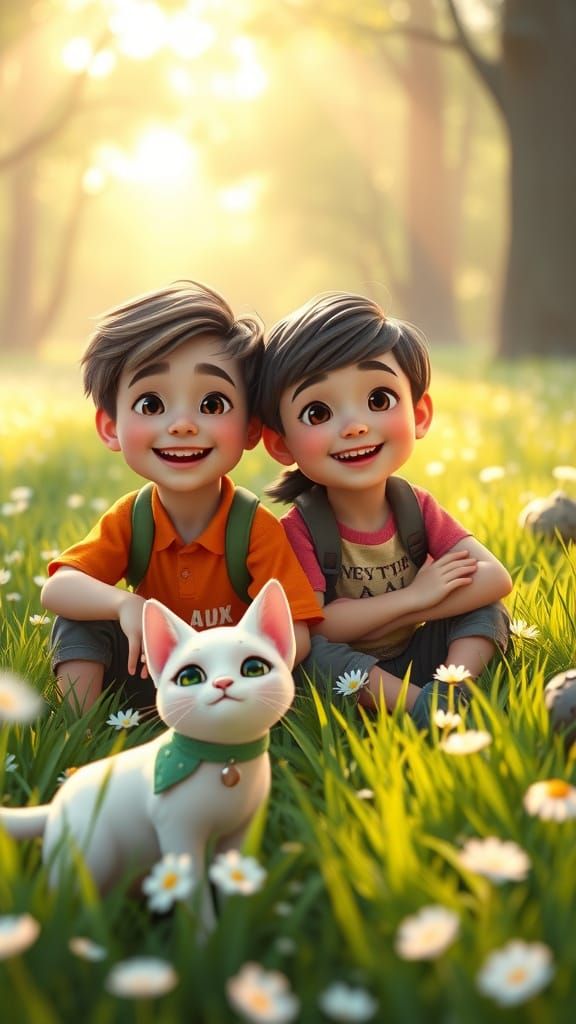 Children Play in Sunny Meadow: 3D Storybook Illustration