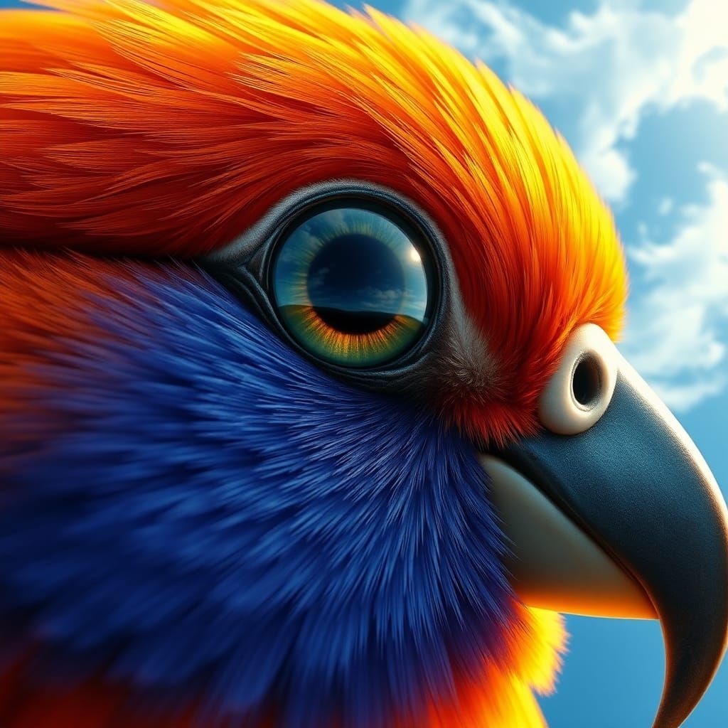 Bird Portrait Reflecting Sky in Illustrative Style