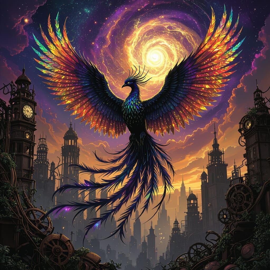 Phoenix Reborn in Steampunk City, Surreal Art Style