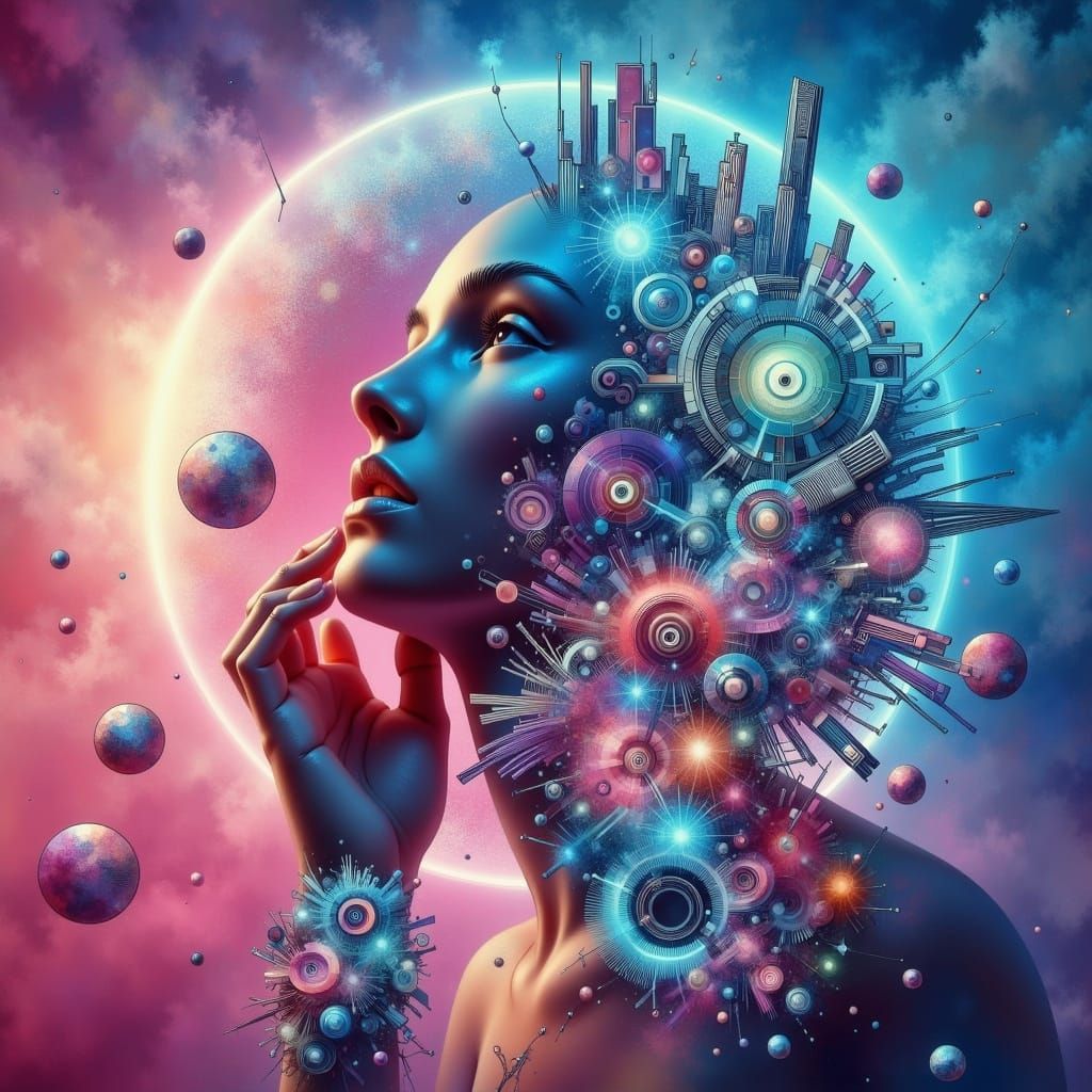 Futuristic Cityscape with Neon and Lush Greenery