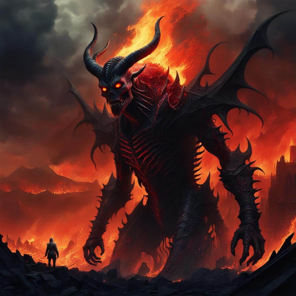 Demonic Creature in Fiery Hellscape: Dark Fantasy Portrait