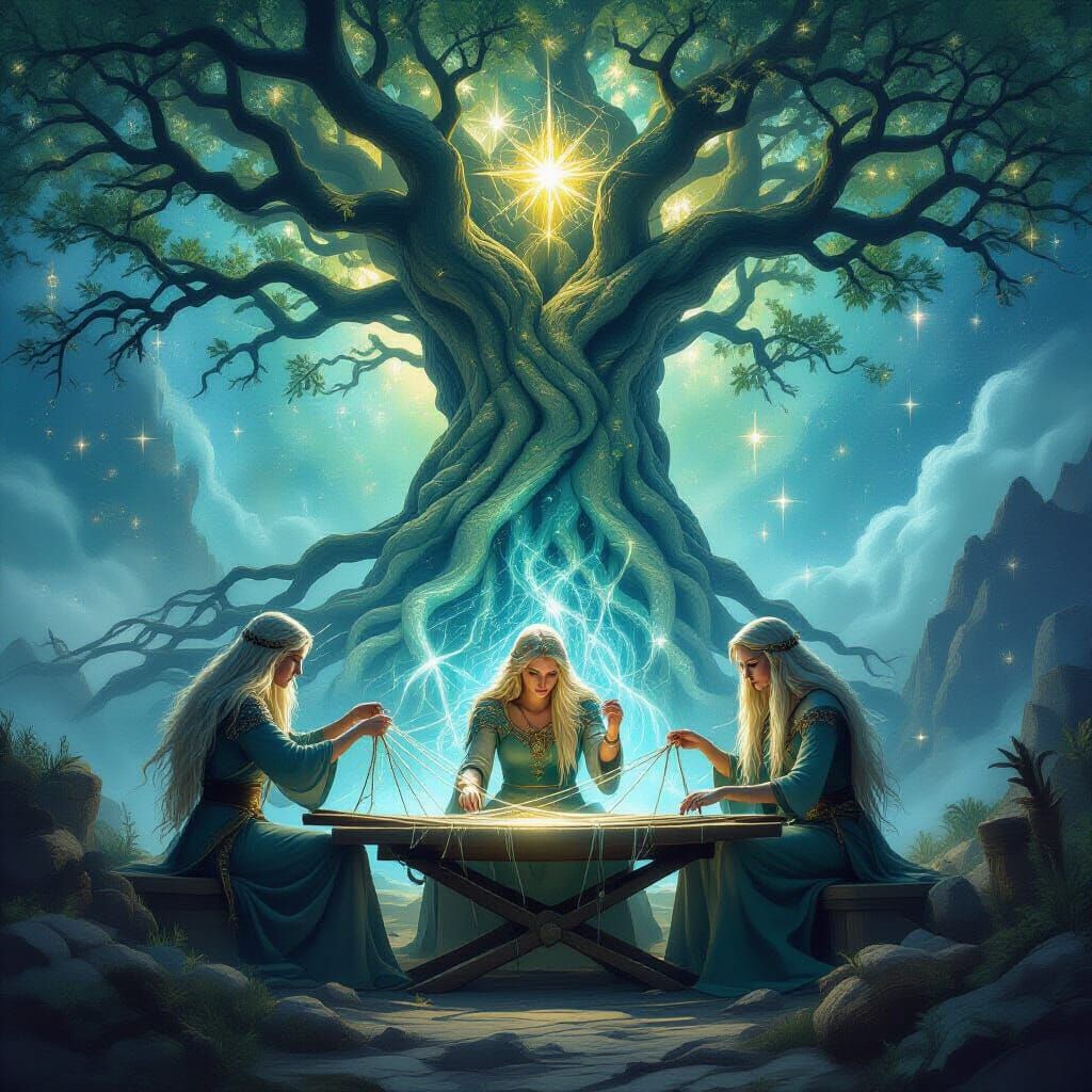 Three Norns Weaving Destiny at the Cosmic Loom