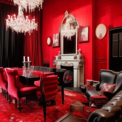 Crimson Peak themed penthouse with crimson red fractals walls with Black accents& Gothic crimson red furniture& Crimson ...
