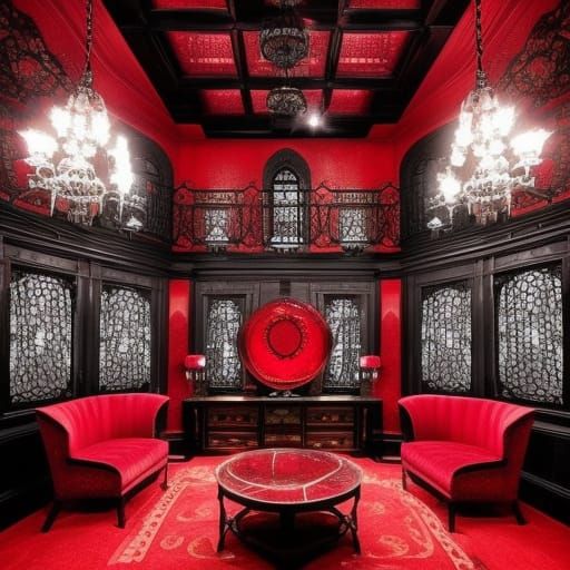 Crimson Peak themed penthouse with crimson red fractals walls with Black accents& Gothic crimson red furniture& Crimson ...