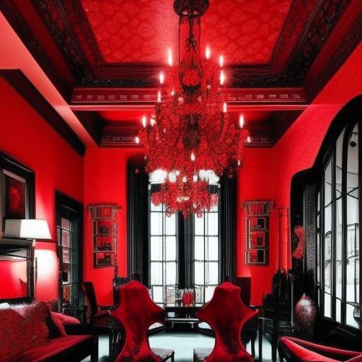 Crimson Peak themed penthouse with crimson red fractals walls with Black accents& Gothic crimson red furniture& Crimson ...