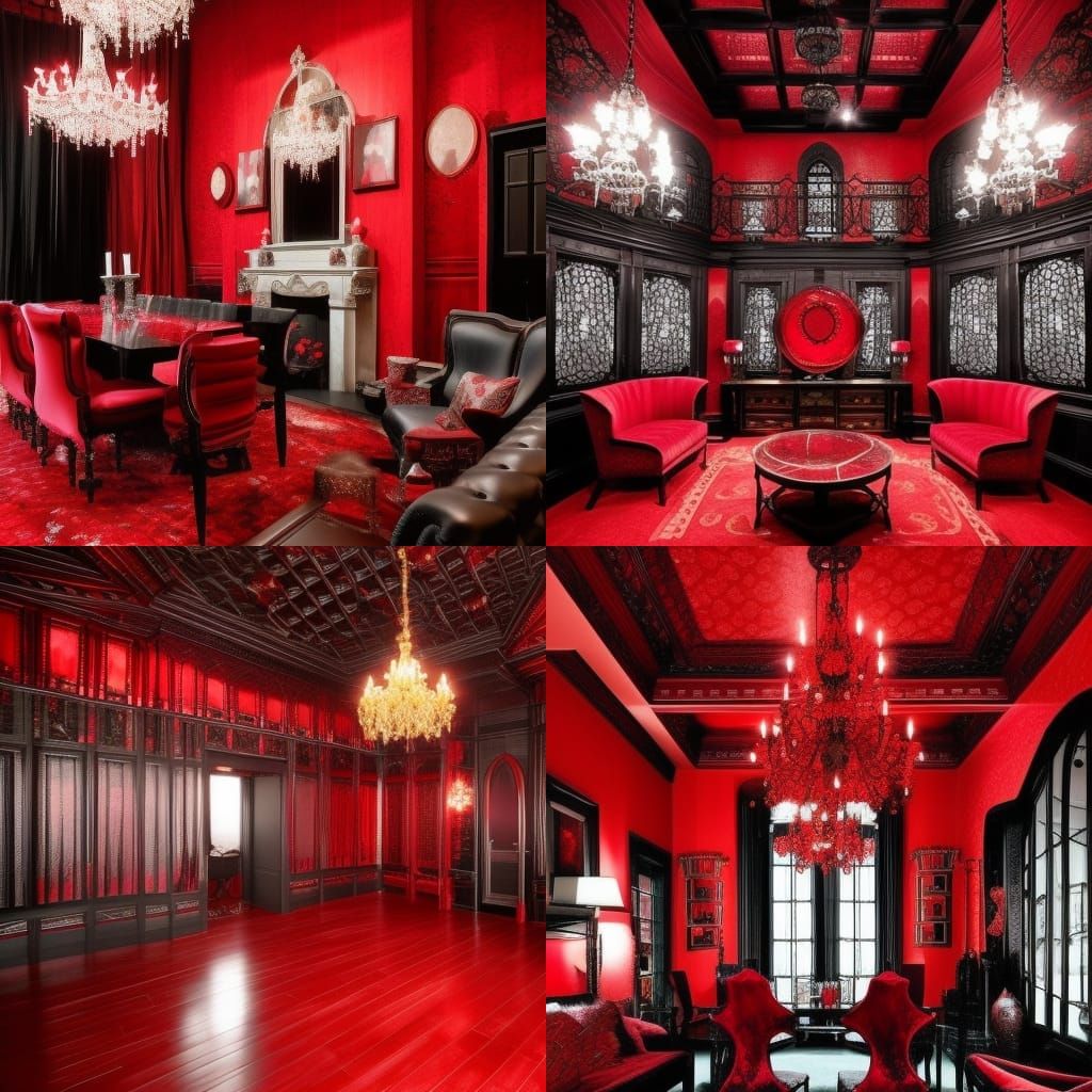 Crimson Peak themed penthouse with crimson red fractals walls with Black accents& Gothic crimson red furniture& Crimson ...