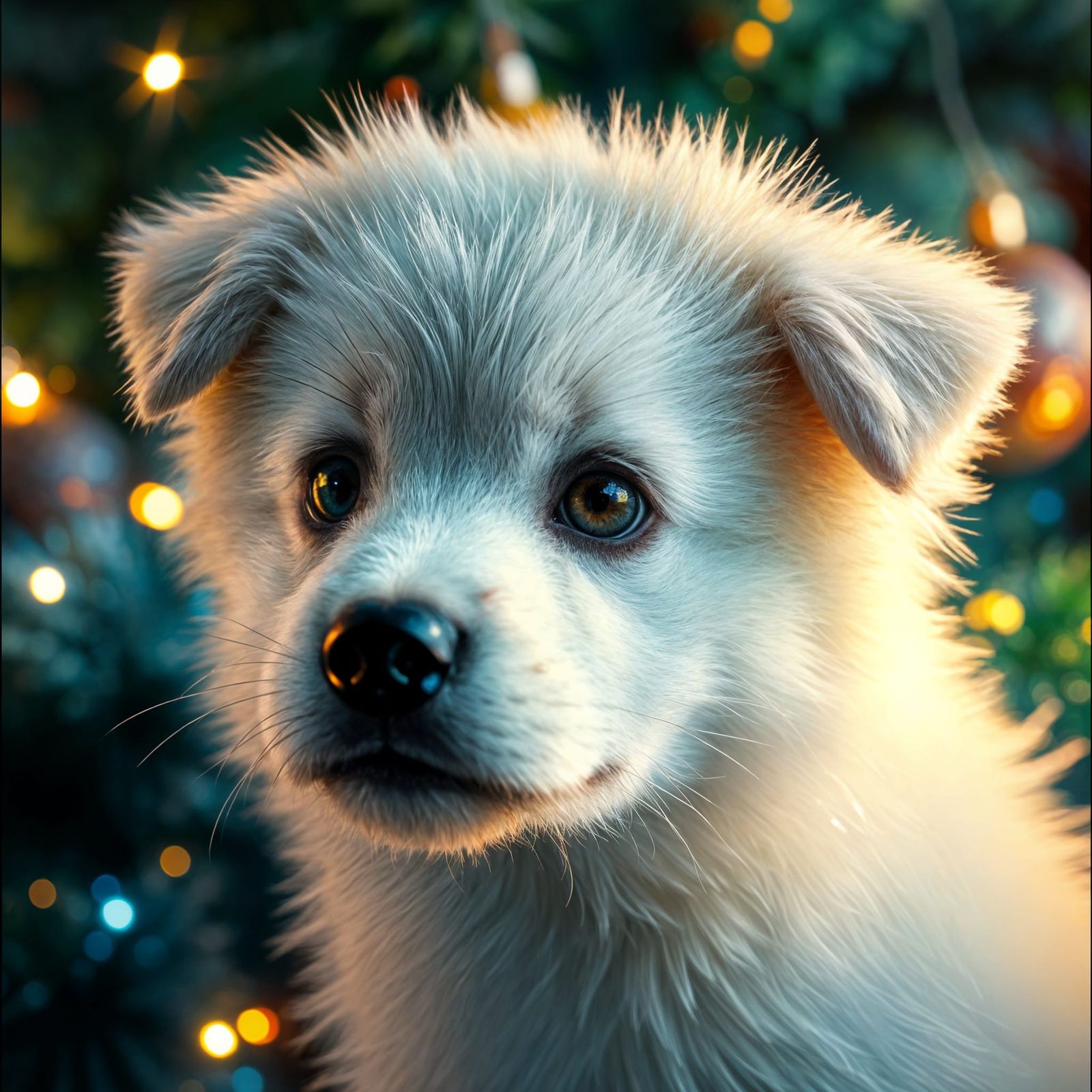 Stunning White Dog Cub Captured in Vibrant New Year's Scene