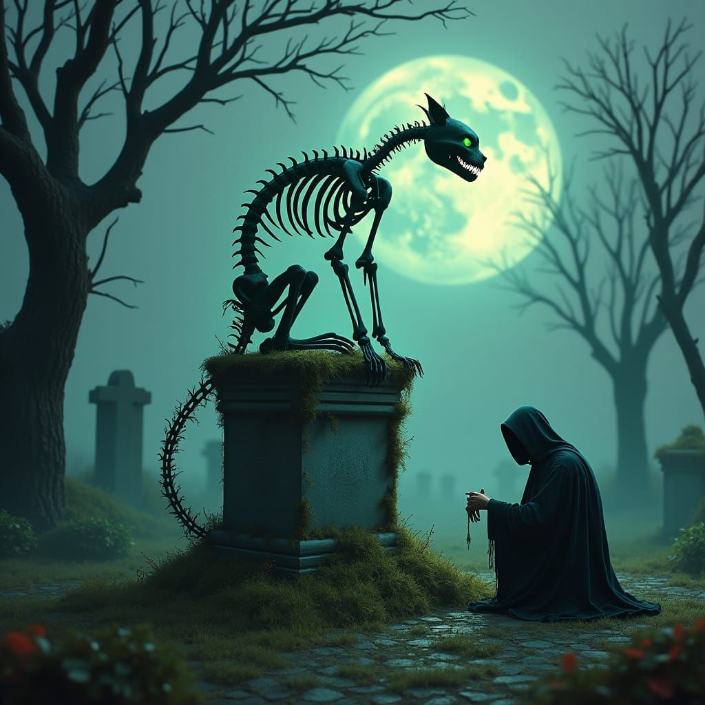 Majestic Skeleton Cat in Graveyard, Fantasy Art