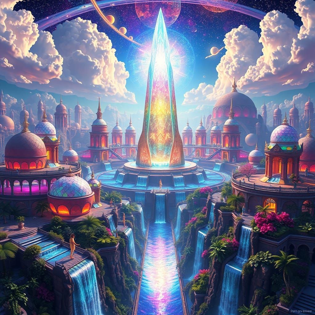 Utopian Cityscape with Floating Gardens, Digital Art