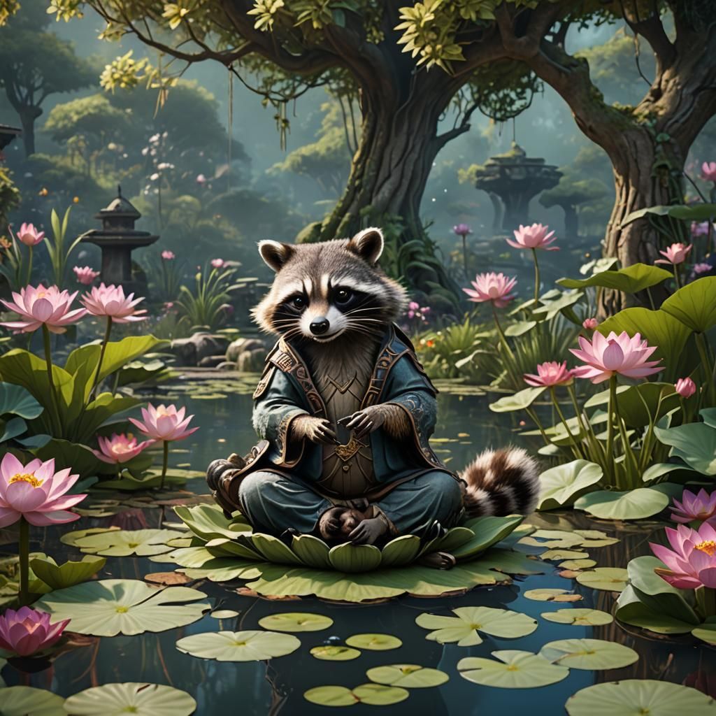 Meditating Raccoon in Fantasy Garden Art