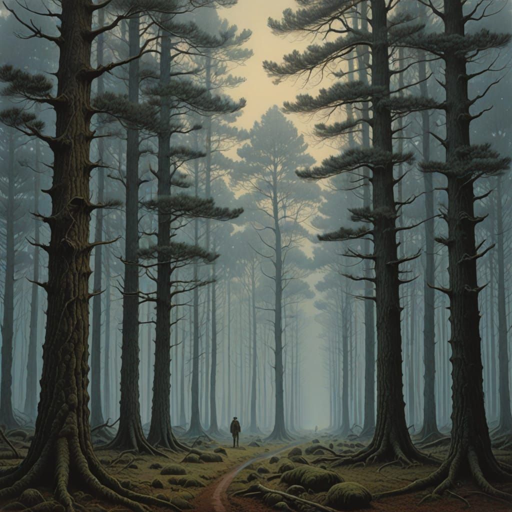 Serene Pine Forest Gridscape in Charcoal Realism