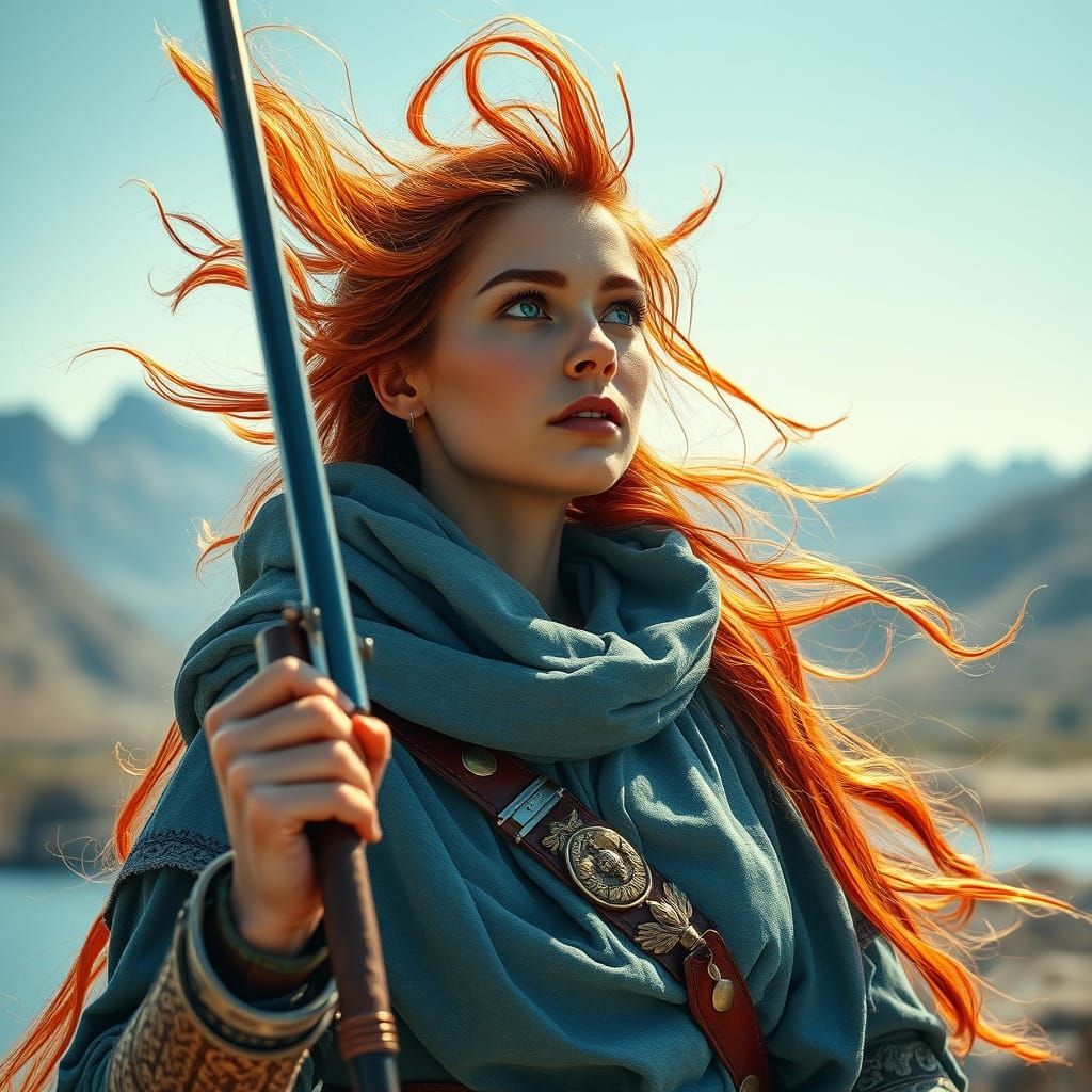 Surreal Warrior Woman in Blue and Silver Armor Stares into t...