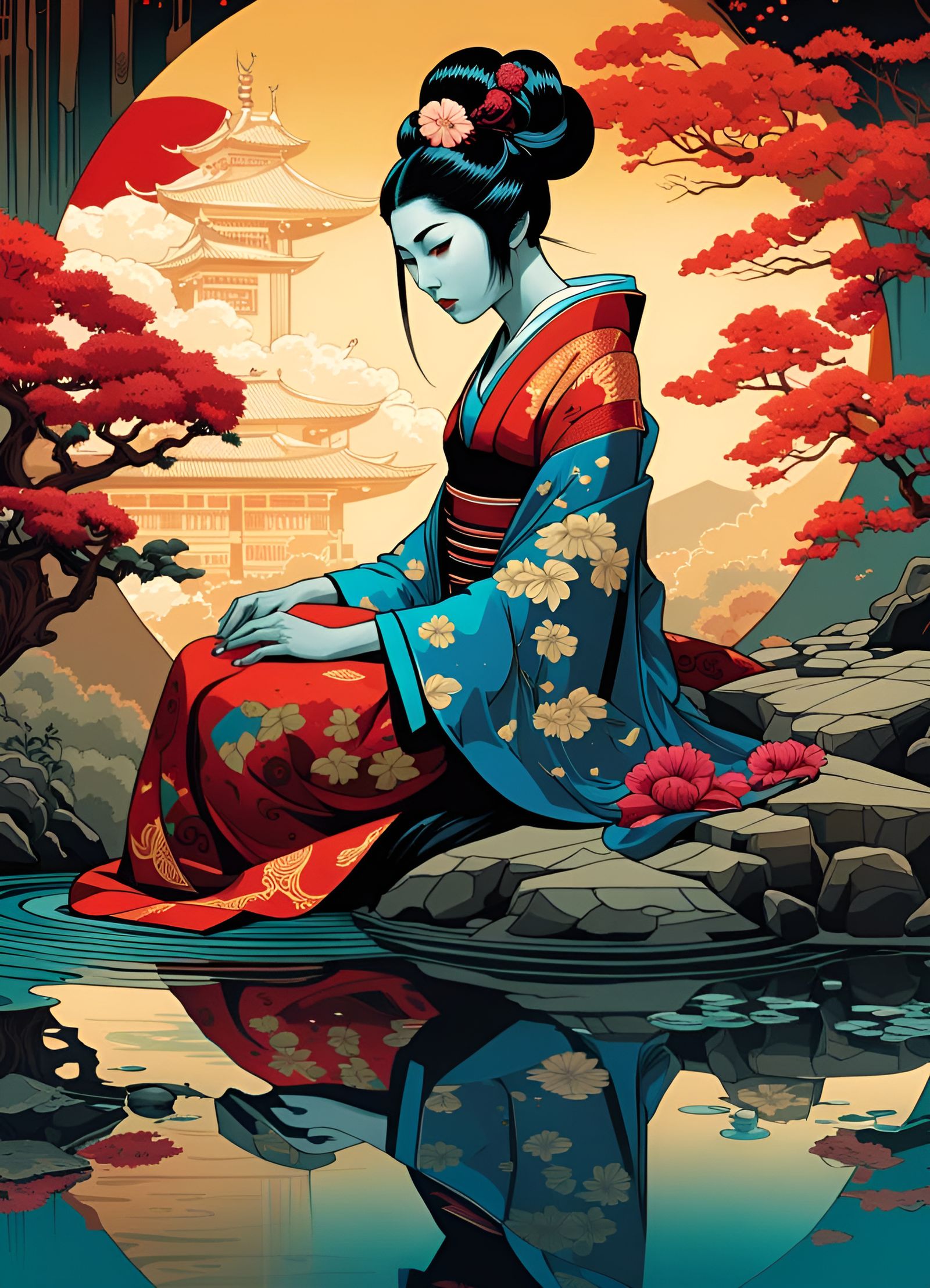 Geisha Reflecting in Pond: Hyperrealistic Digital Art