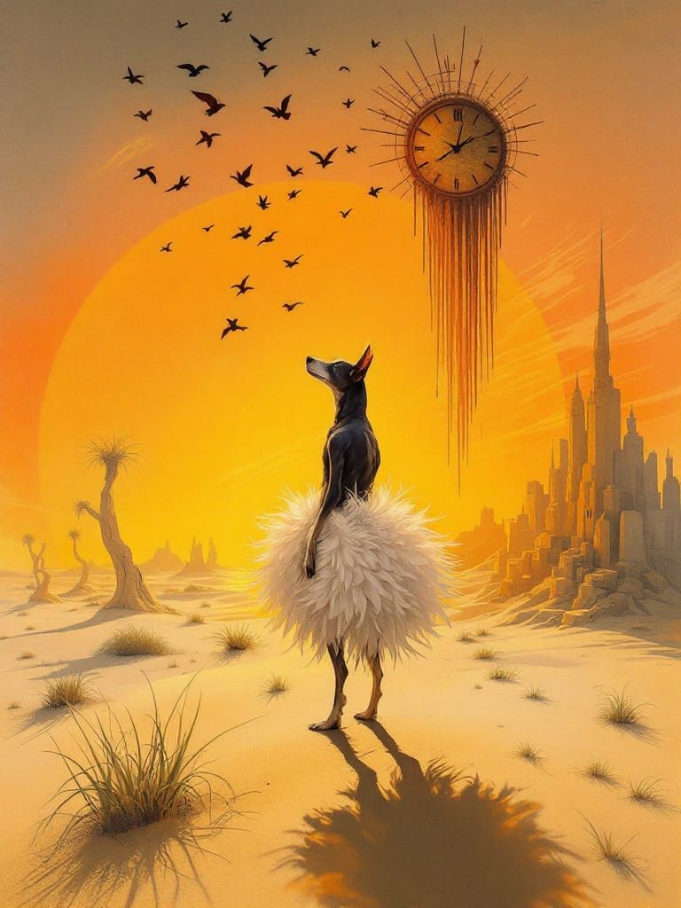 Surreal Dog with Feather Skirt Under Melting Clock Sky