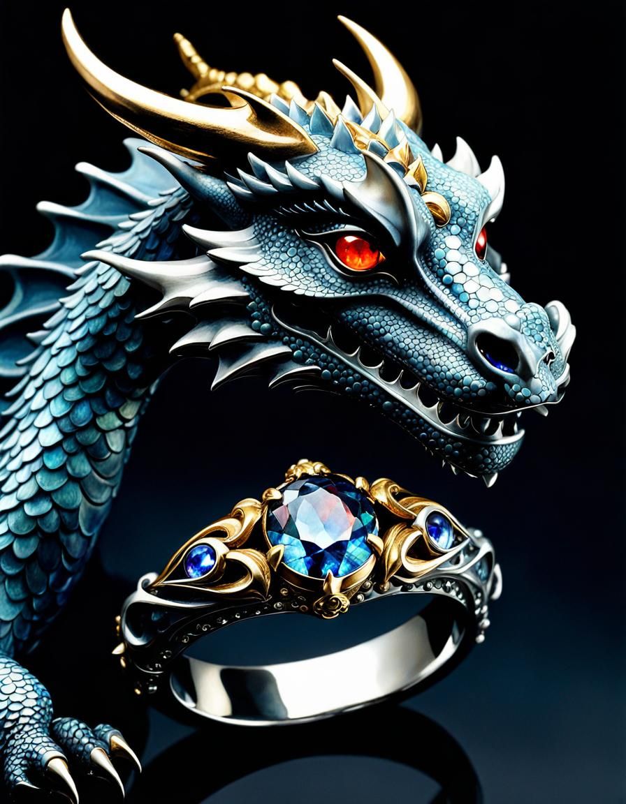 Dragon with Ring: Art Deco Watercolor Fantasy