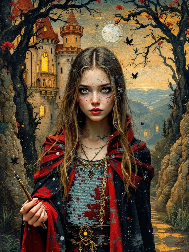 Mystic Maiden Confronts Digital Decay in Renaissance Fresco