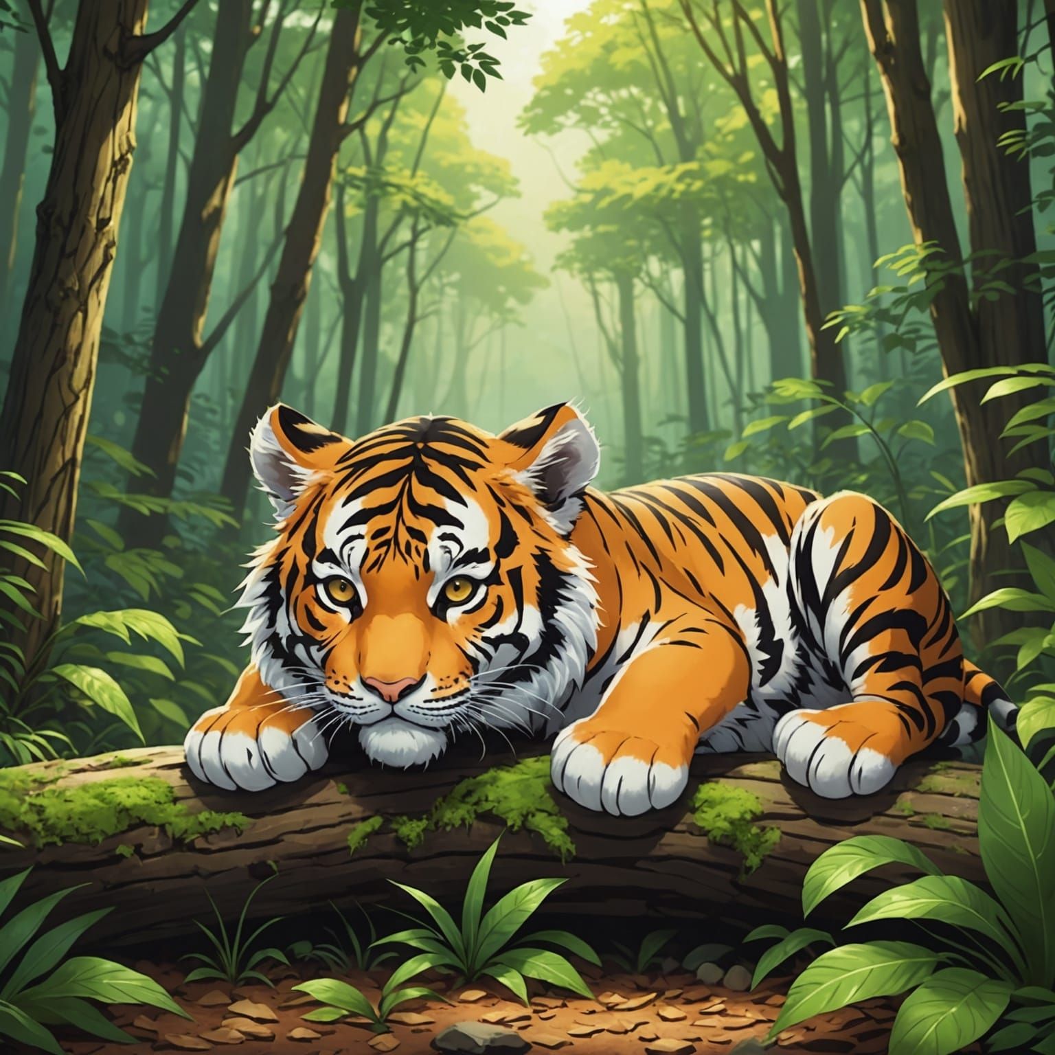 Sleeping Tiger Cub in Anime Style Forest