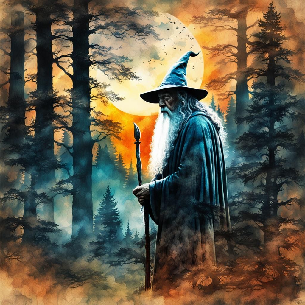 Gandalf Double Exposure Ink Painting in Forest