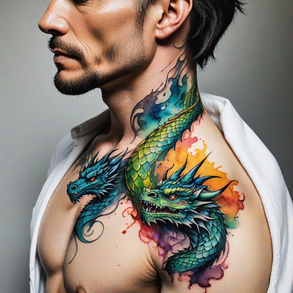 Alcohol ink drawing of a dragon tattoo on the neck of a clot...