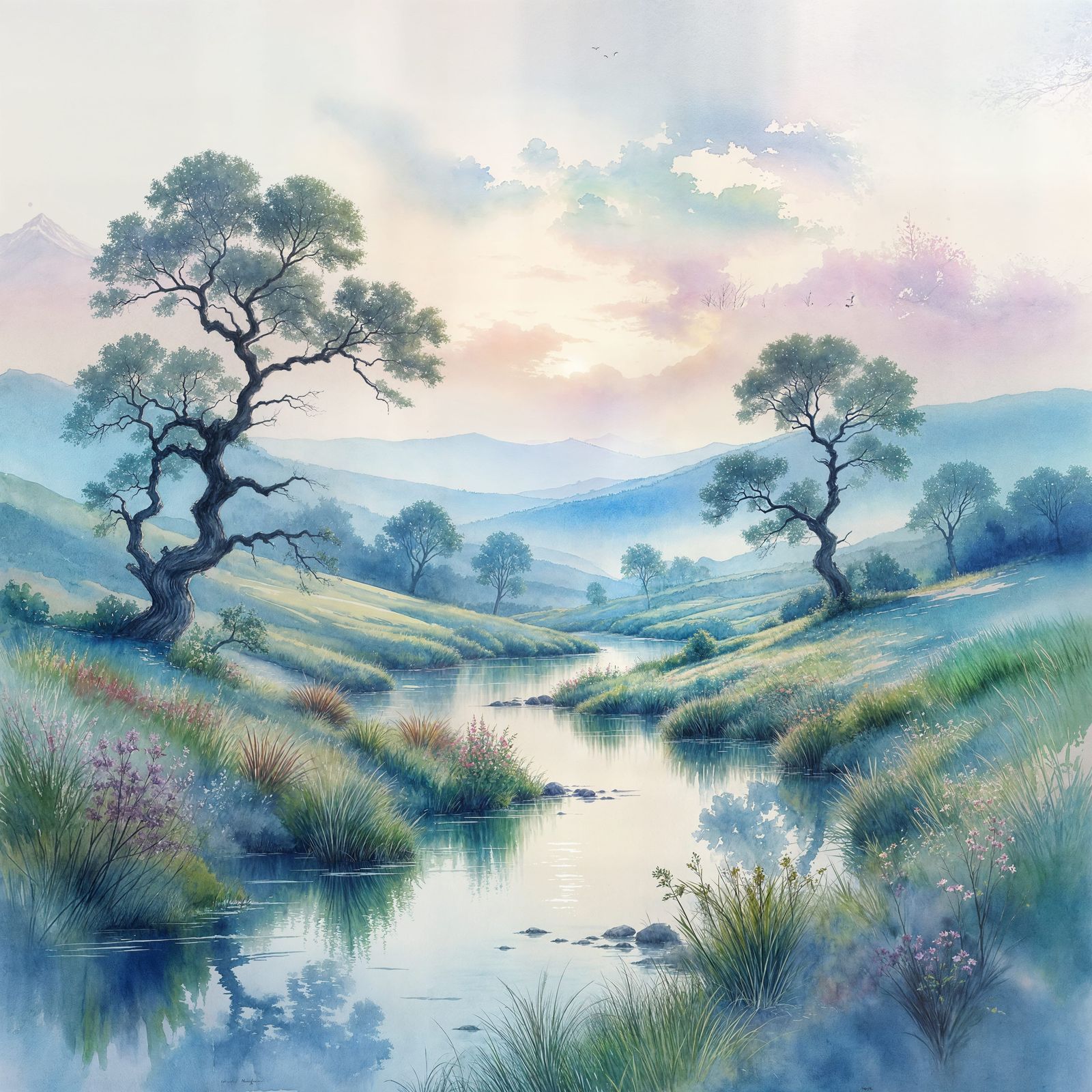 Ethereal Watercolor Landscape Painting