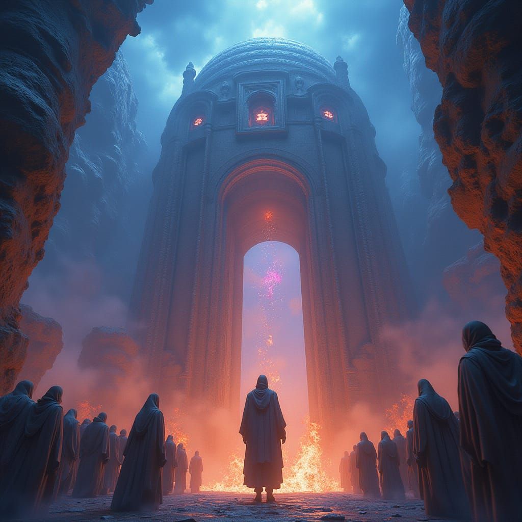 Futuristic Temple Descends Amidst Shimmering Flames