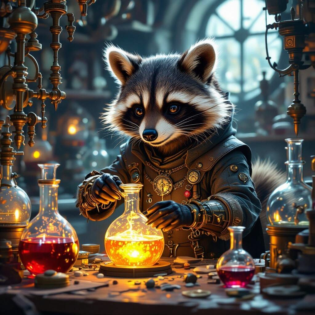 Steampunk Raccoon Alchemist Mixing Potions
