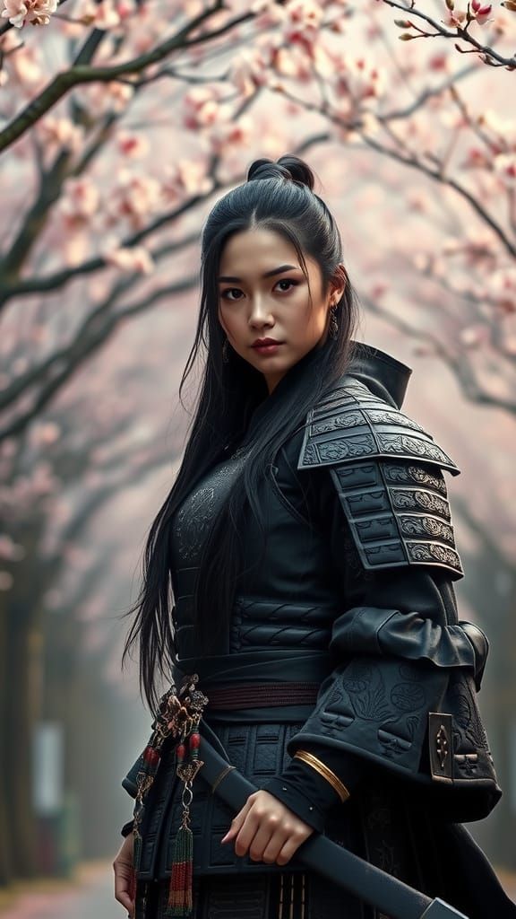 Dark Fantasy Samurai Girl in Cherry Blossom Avenue