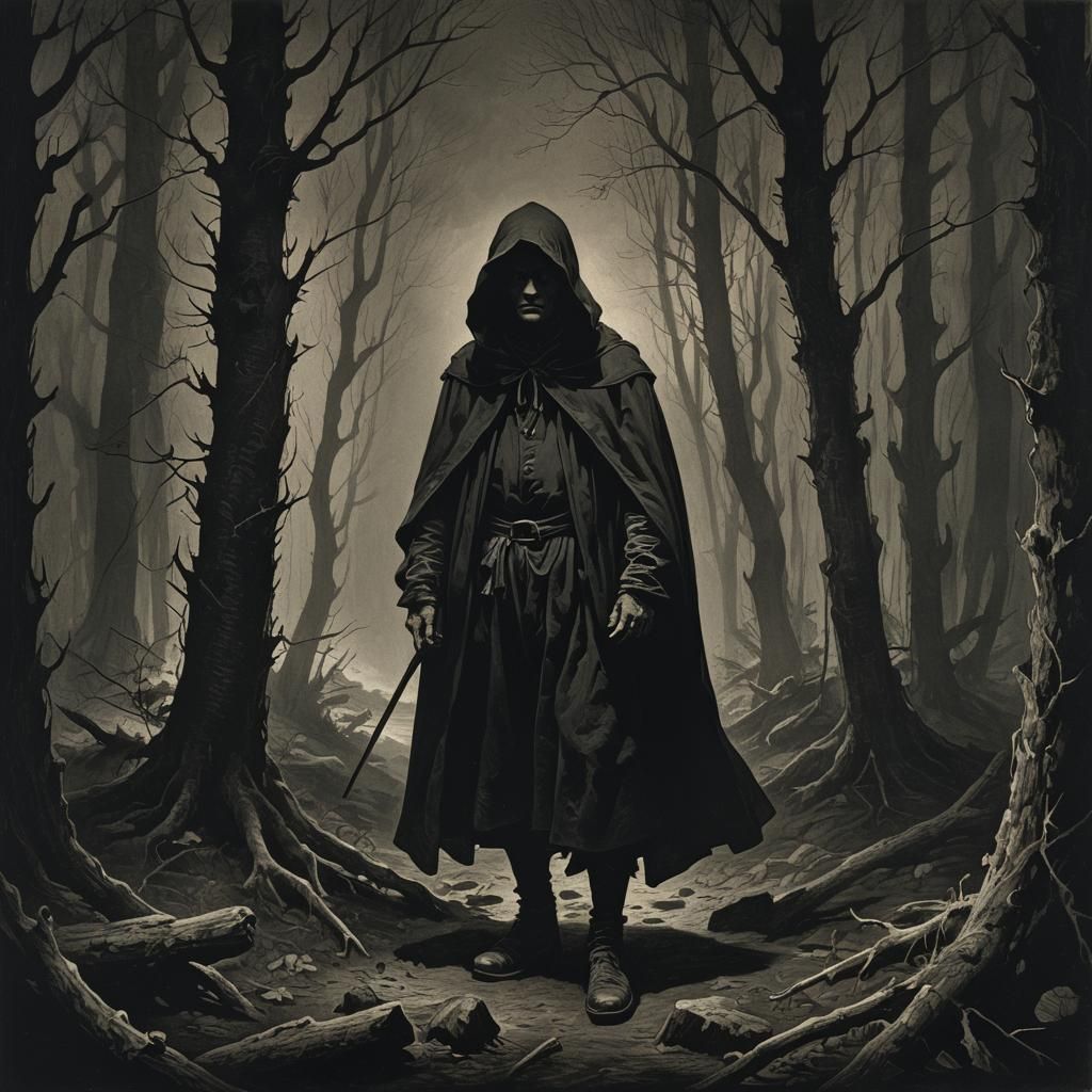 Mysterious Hooded Figure in Dark Romanticism Style