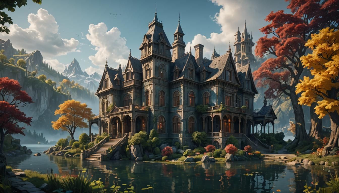 Fantastical Lakeside Mansion in Detailed Matte Painting